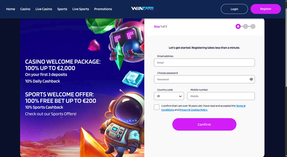 Aanmelden bij Wintari Casino
